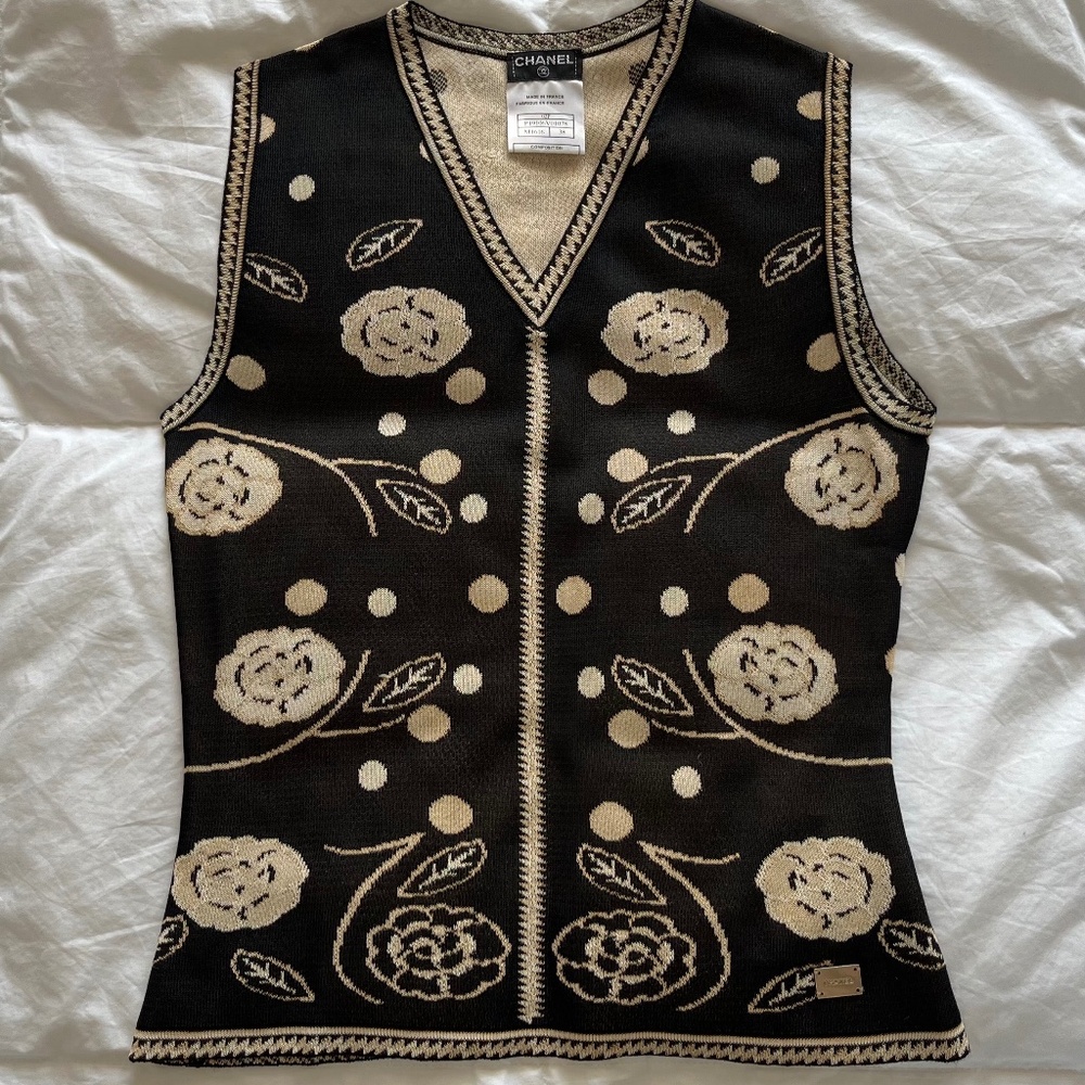 Chanel V-Neck Camellia Knit Top